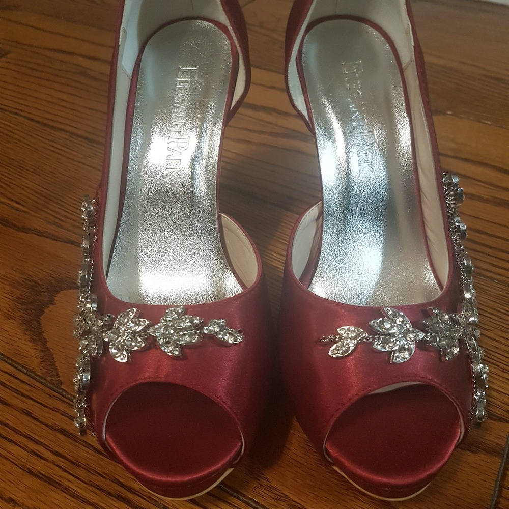 ElegantPark Burgundy Satin Peep Toe Heels